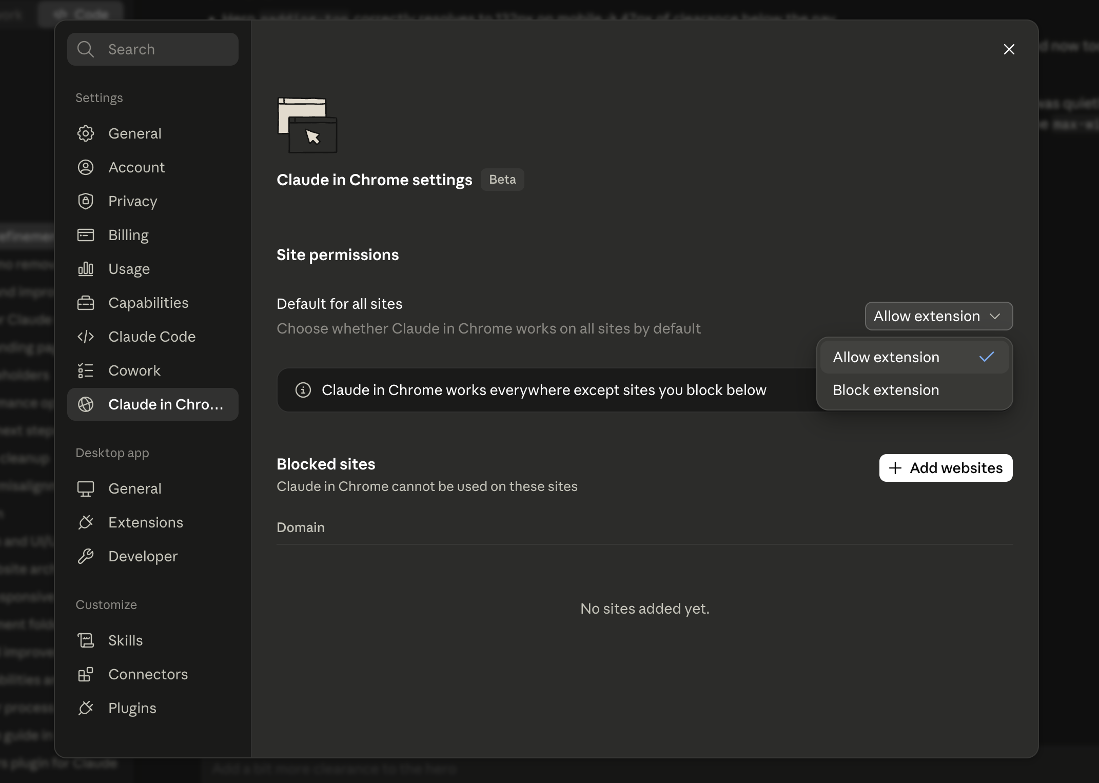 Settings Claude Desktop App: aktifkan Browser use dan Claude in Chrome