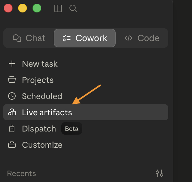 Menu Live Artifacts di sidebar: tempat semua Artifact yang sudah dibuat bisa diakses kembali